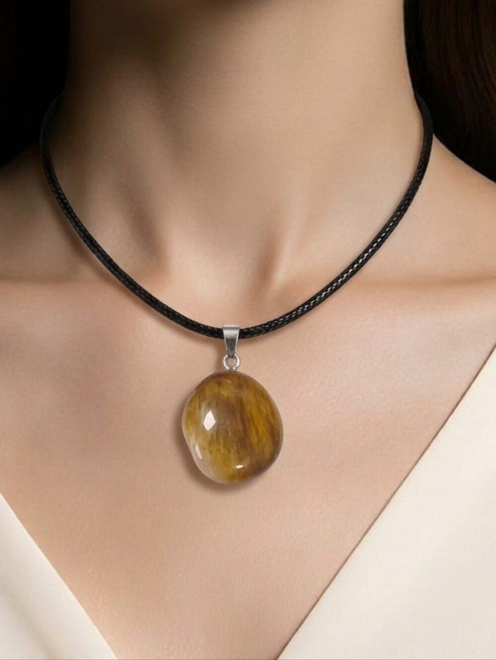 Golden Tiger Eye Round Pendant Necklace Warm Stone Earthy Boho Crystal Jewelry